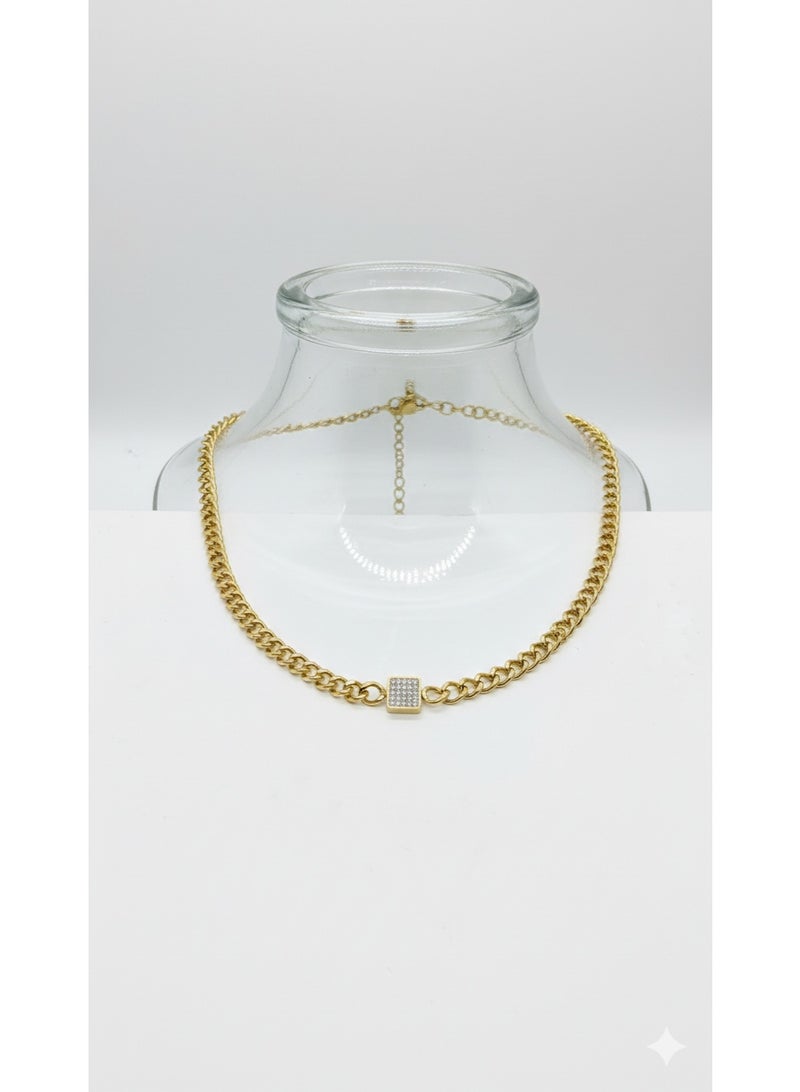 WARD Elegant Gold-Tone Stainless Steel Link Chain Necklace featuring a Sparkling Crystal Square Charm. - Image 3